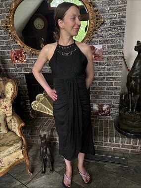 Chic Black Halter Midi Dress with Crochet Yoke